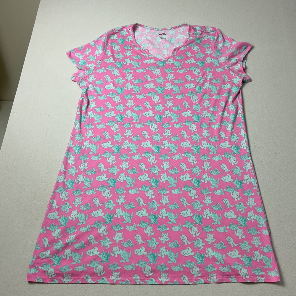 Coral Bay Intimates Pink Teal Turtles Short Sleeve Night Shirt Womens 2X